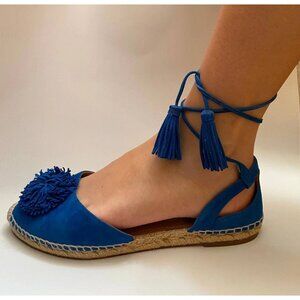 Aquazzura Sunshine Royal Blue Suede Lace Up‎ Pom Pom Tassel Espadrilles Size 36
